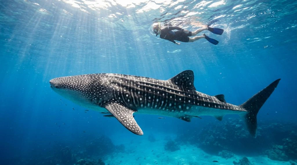 Mergulhadores encontram um tubarão-baleia em águas tropicais cristalinas