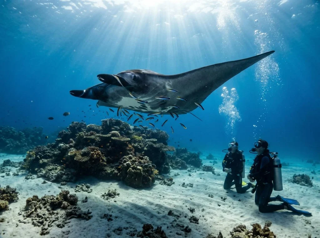 Raia-manta desliza sobre mergulhadores em uma estação de limpeza tropical