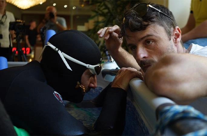 Vitomir Maričić breathes pure oxygen before his supervised underwater breath-hold attempt