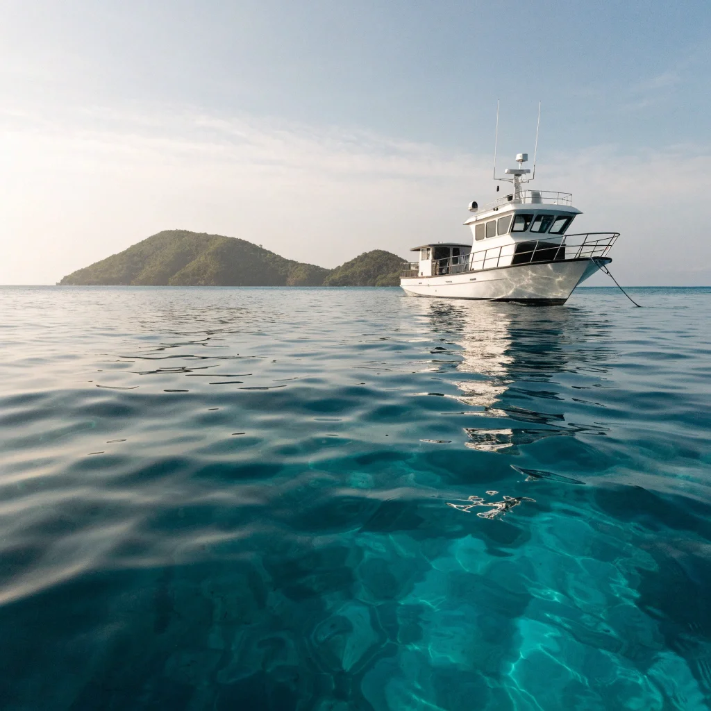 A dive liveaboard anchored near tropical islands