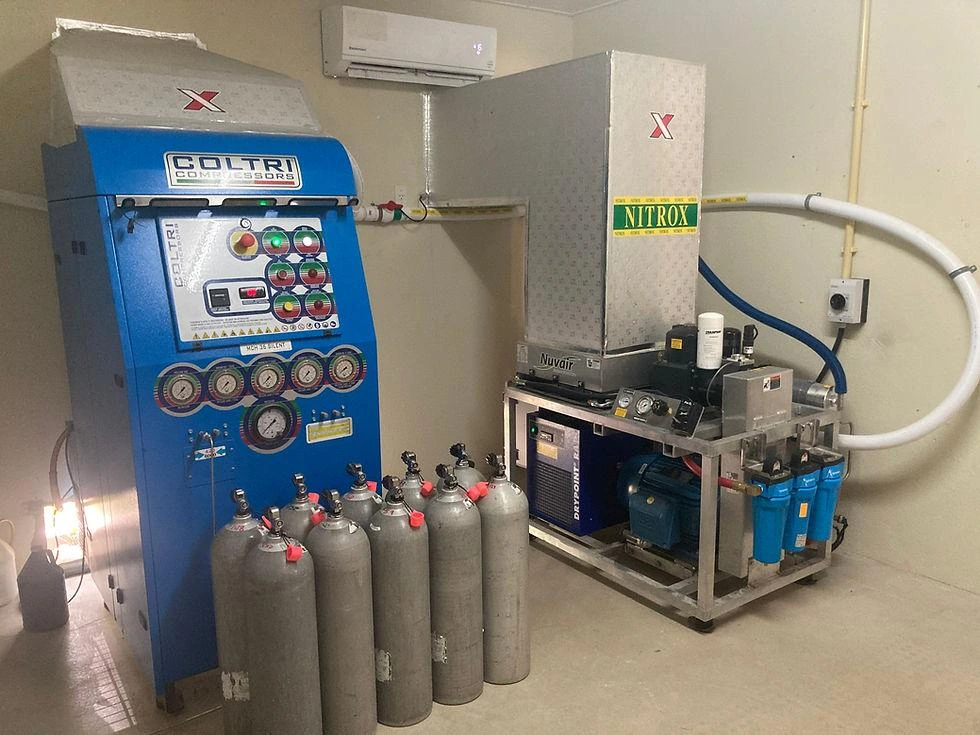 Professional nitrox filling station with compressors, gauges and scuba cylinders