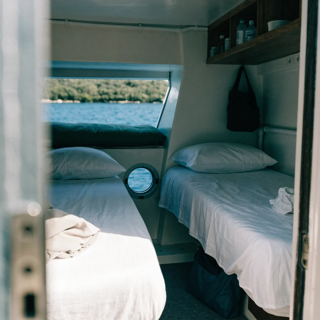 A compact twin cabin aboard a dive liveaboard