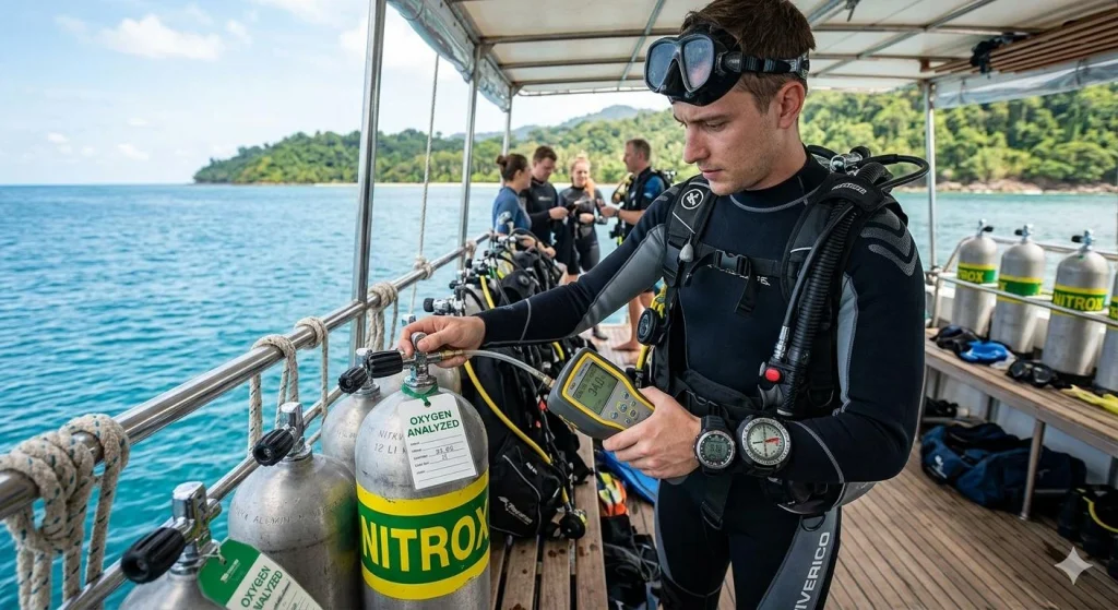 Divers analyze oxygen content in nitrox cylinders before entering the water