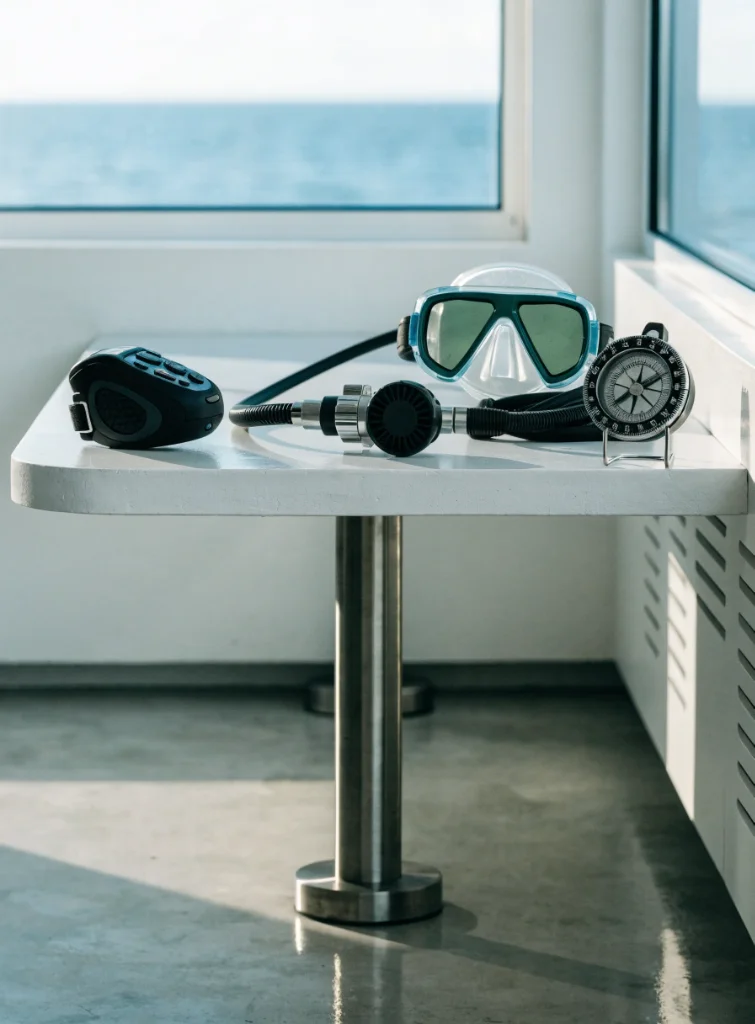 Dive computer, regulator, mask and compass on a dive bench