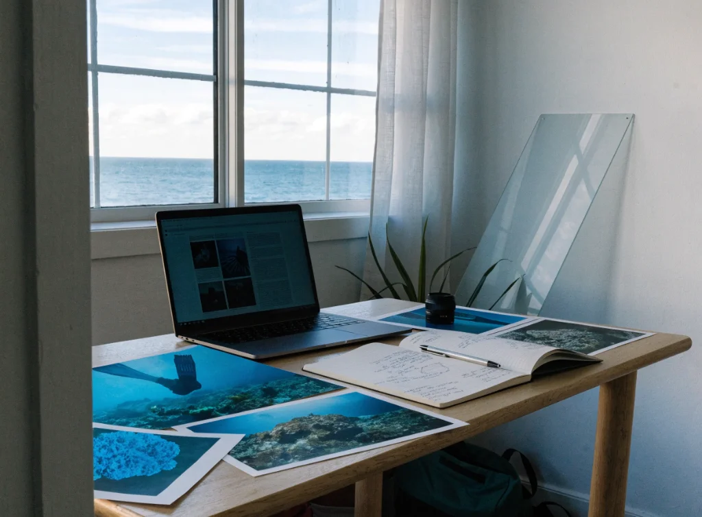 Underwater photographs and notes on a diving editor's desk