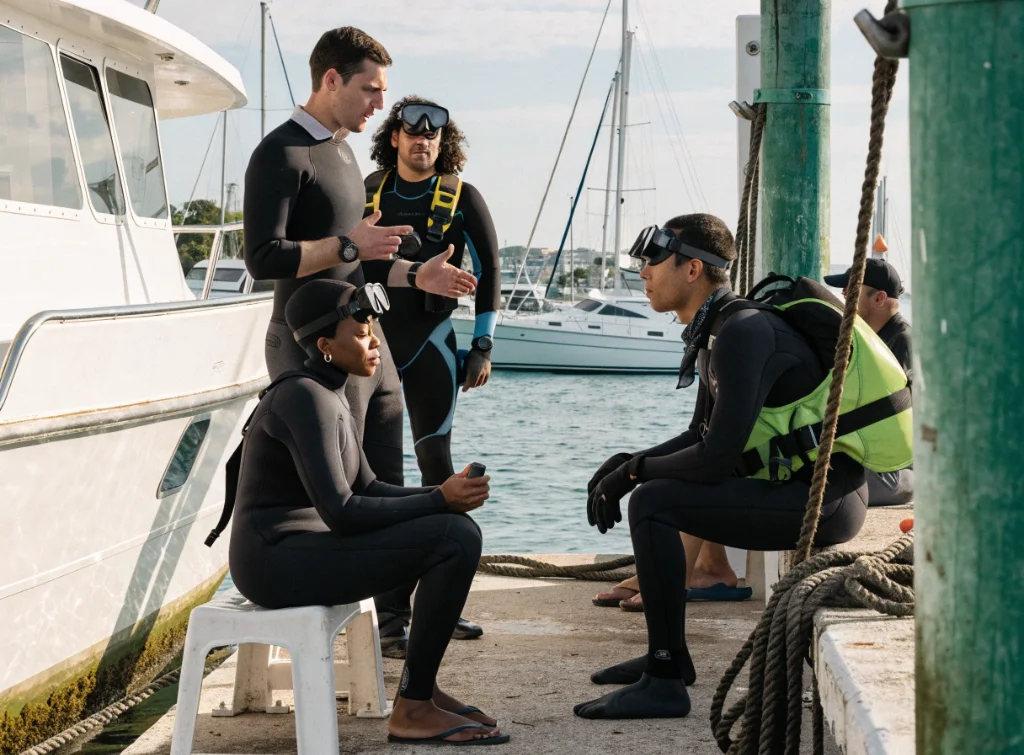 Divers sharing observations at a South Florida marina