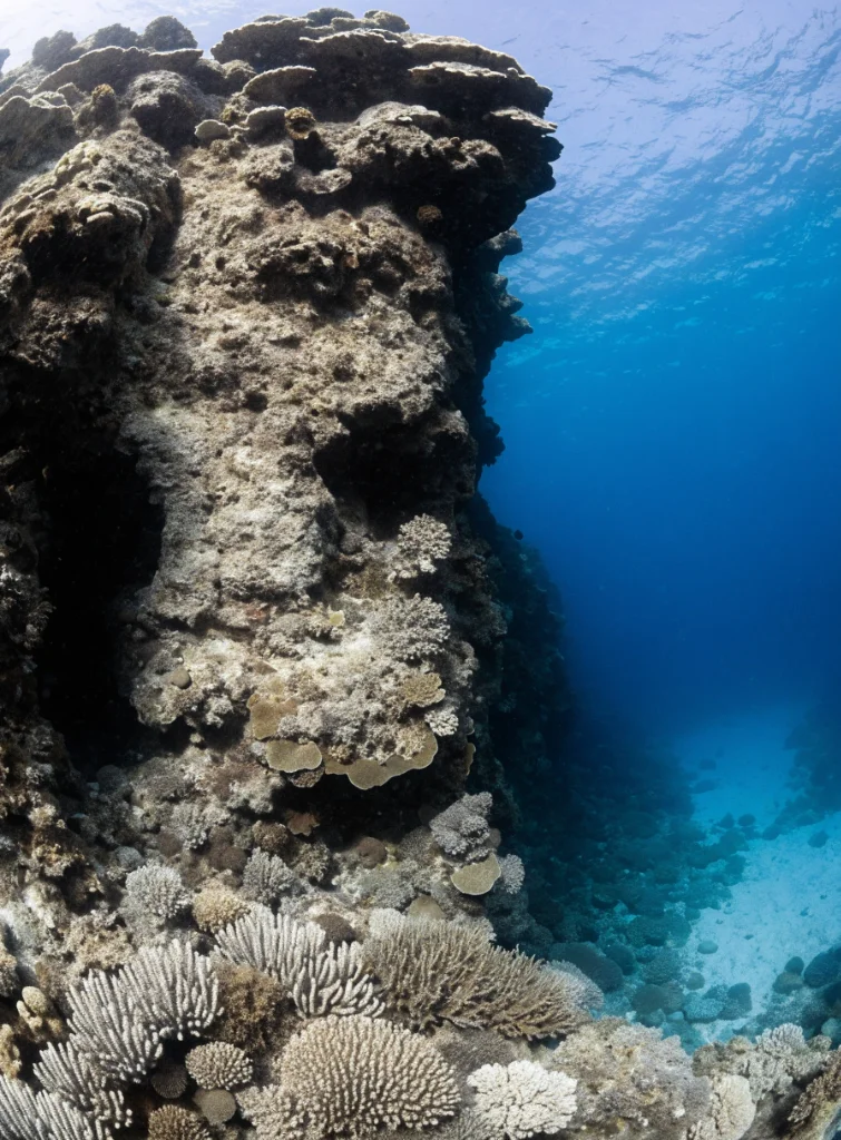 A coral wall descending into clear blue water