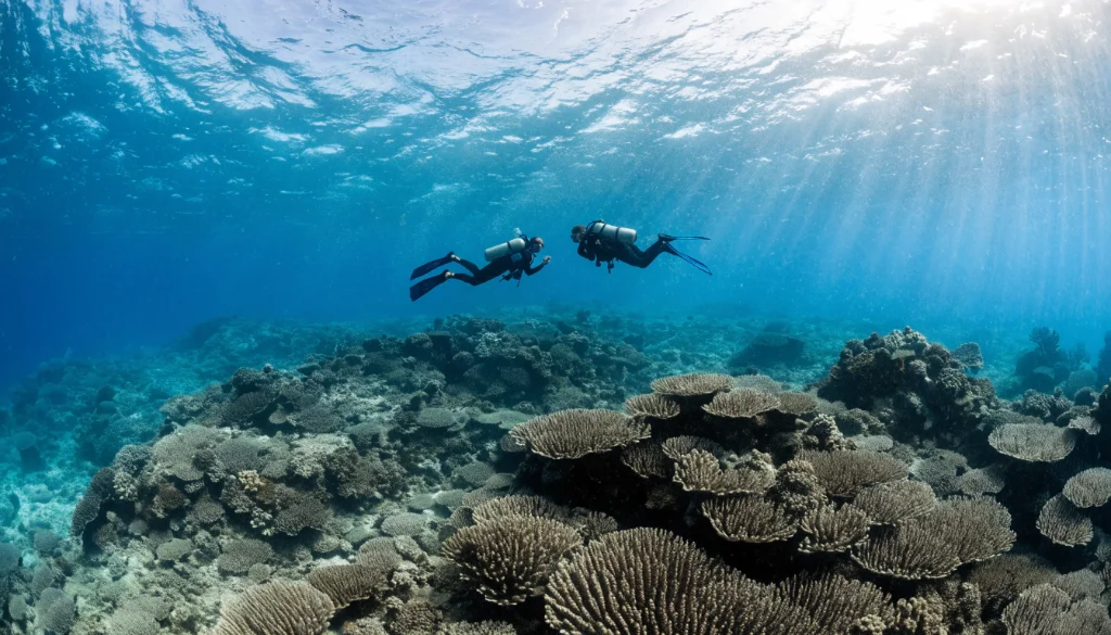 Scuba divers swimming above a tropical reef