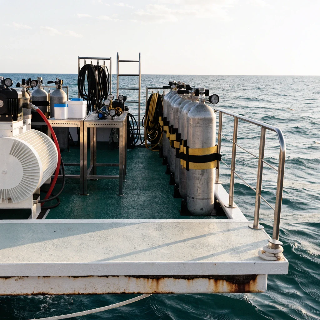Secured scuba cylinders and equipment stations on a liveaboard dive deck